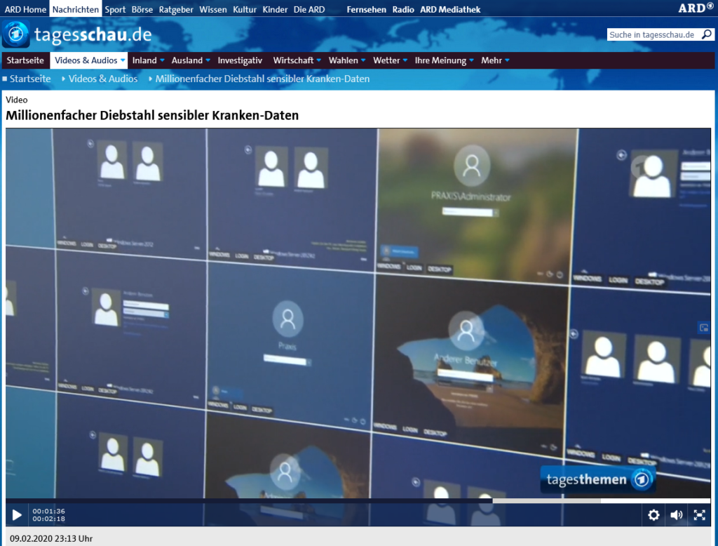Screenshot mit vielen Bildschirmen von tagesschau.de aus dem Beitrag "Millionenfacher Diebstahl Sensibler Kranken-Daten", ARD