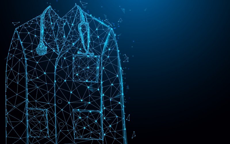 Grafik mit dem Thema: Digitaler Arzt, Oberkörper eines Arztes in blau leuchtenden Vektoren Linien