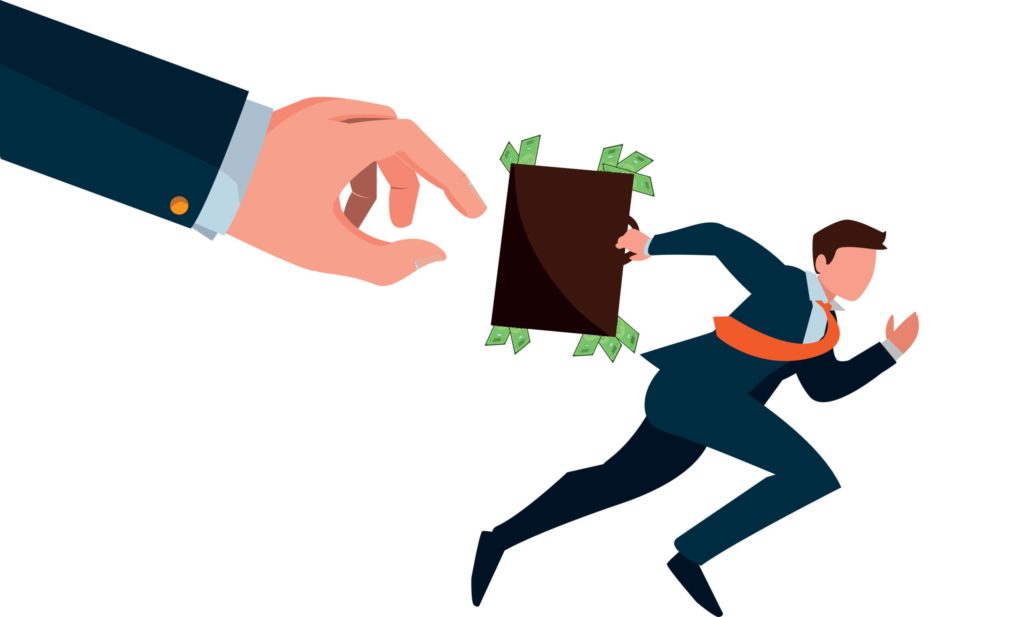 Grafik zum Thema Startups: Eine große Hand greift nach einem rennenden Mann mit einem Koffer voller Geld