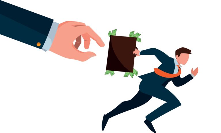 Grafik zum Thema Startups: Eine große Hand greift nach einem rennenden Mann mit einem Koffer voller Geld